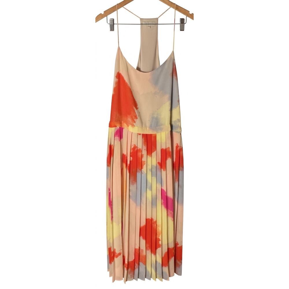 1.STATE Sand Peach Pleated Midi Dress Accordion Racerback Wedding Guest Large L - Picture 2 of 12